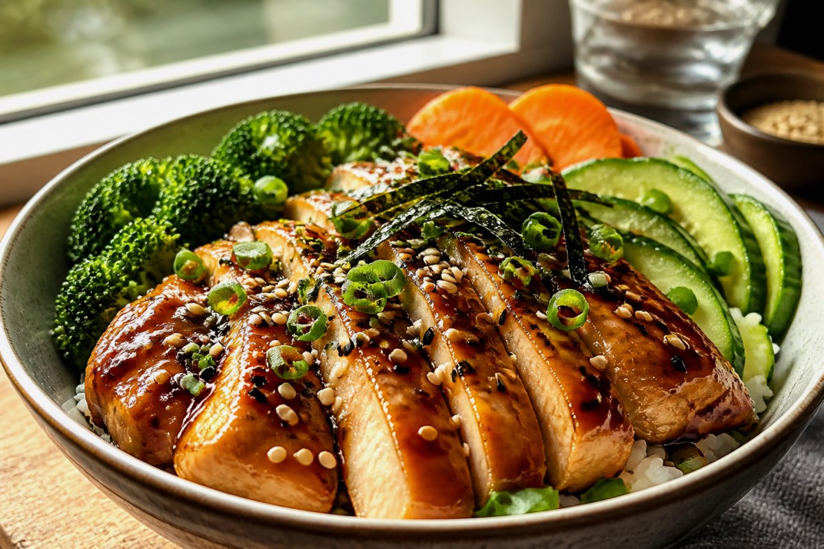 Garlic Teriyaki Sauce Fish Noodle Bowl with zucchini finished recipe with vegetables and sauce
