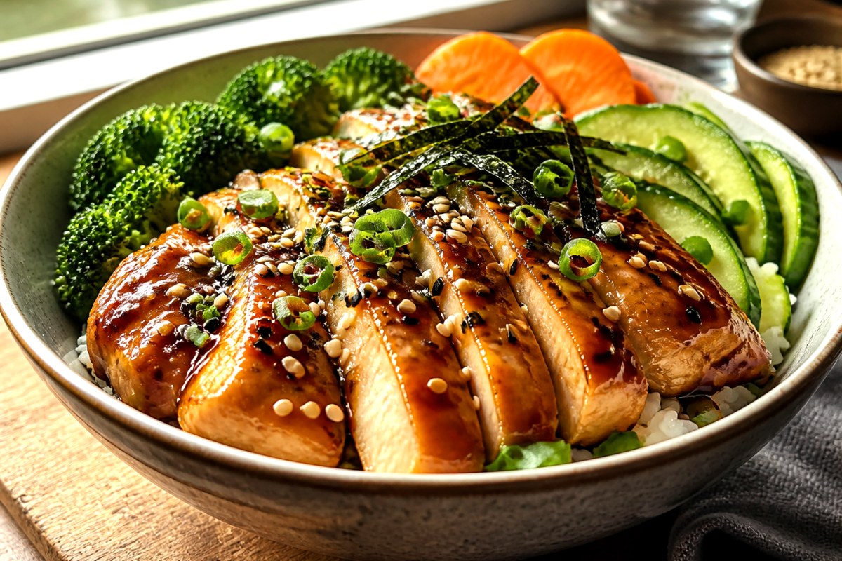 Garlic Teriyaki Sauce Vegetables Noodle Bowl with bok choy finished recipe with vegetables and sauce