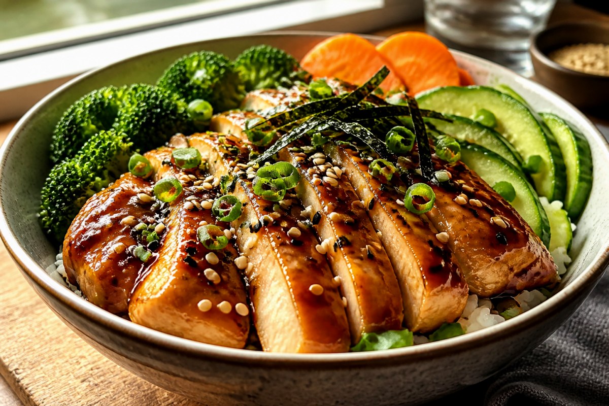 Garlic Teriyaki Sauce Shrimp Skillet with bok choy finished recipe with vegetables and sauce