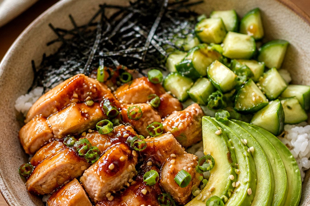 Ginger Sweet and Sour Sauce Fish Sheet Pan Dinner with cucumber slaw finished recipe with vegetables and sauce