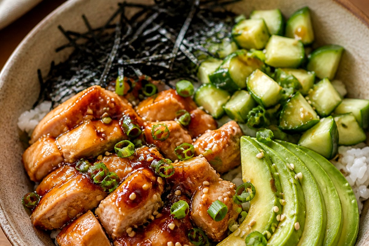 Ginger General Tso Sauce Vegetables Sheet Pan Dinner with cucumber slaw finished recipe with vegetables and sauce
