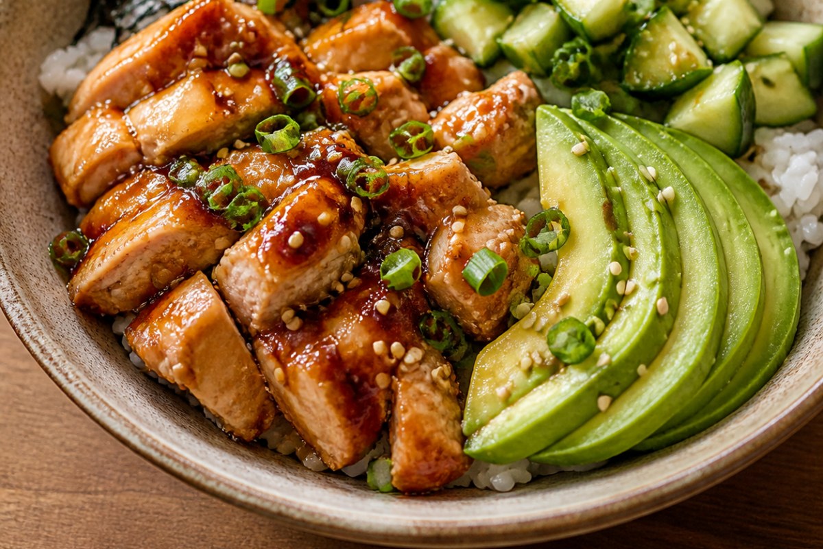 Sesame Fish Sauce Chicken Sushi Bowl with snap peas finished recipe with vegetables and sauce