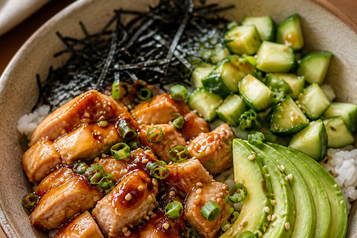 Crispy Unagi Sauce Turkey Sushi Bowl with mushrooms finished recipe with vegetables and sauce