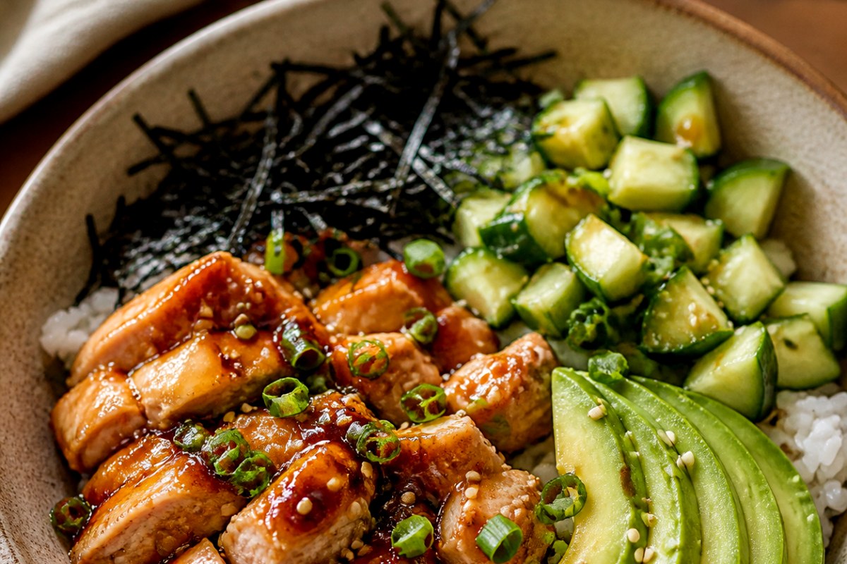 Crispy Sambal Oelek Fish Sushi Bowl with mushrooms finished recipe with vegetables and sauce