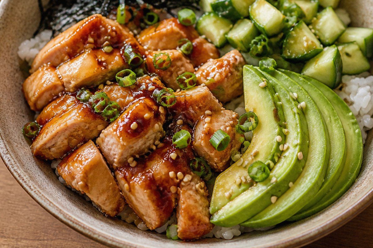 Crispy Sweet Soy Sauce Vegetables Sushi Bowl with mushrooms finished recipe with vegetables and sauce