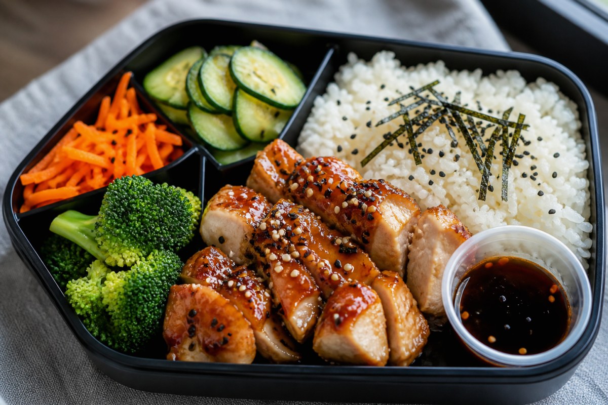 Crispy Soy Sauce Shrimp Bento Box with zucchini finished recipe with vegetables and sauce