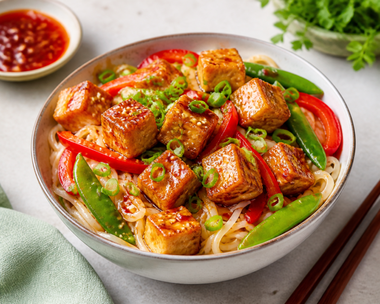 Sweet chili tofu rice noodle bowl with snap peas, red bell pepper, scallions, and sesame seeds.